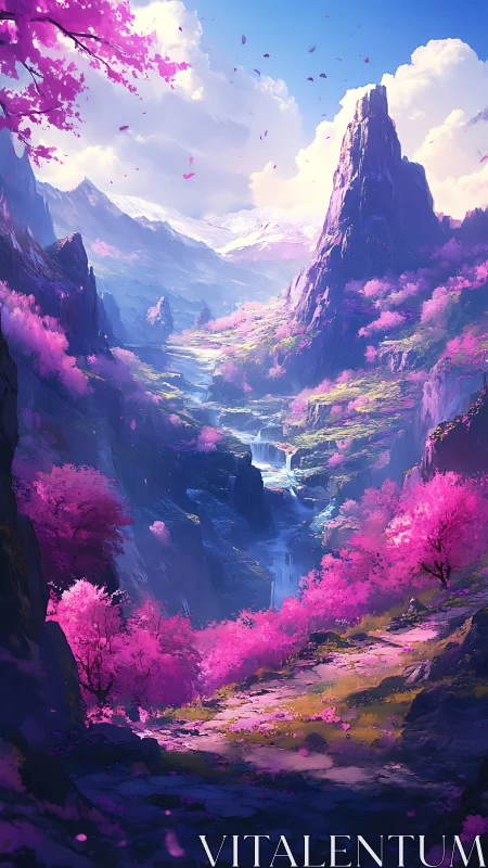 Vertical valley landscape shows pink trees and distant mountains