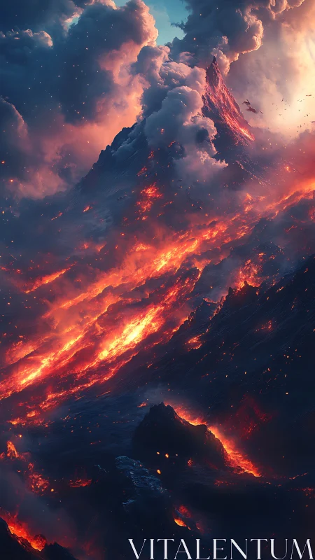 Volcanic eruption with lava flows cascading down mountainside