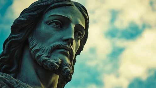 Stone Christ statue portrait under soft cloudy sky