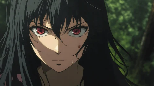 Determined anime warrior with red eyes in forest setting.