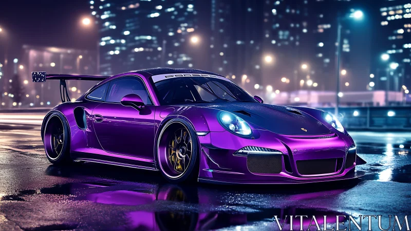 Purple Porsche GT3 street racer under neon city lights.