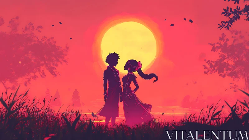 Two souls silhouetted beneath a burning golden sun.