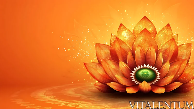 Radiant digital lotus flower on bright orange background.