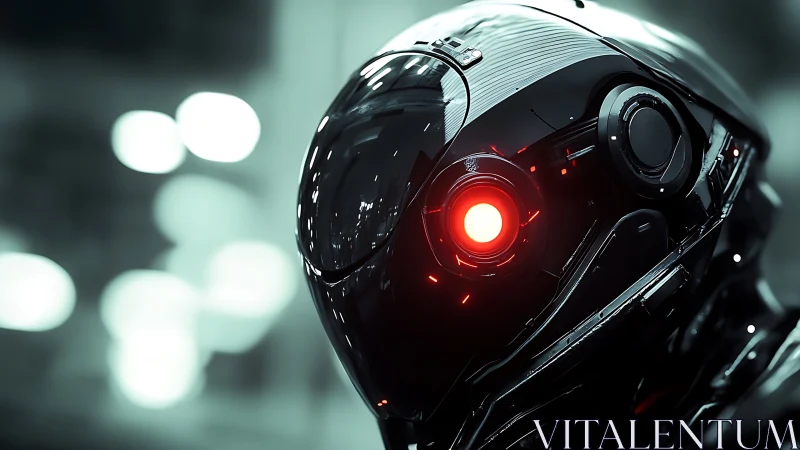 Glossy black combat android head with glowing red eye.