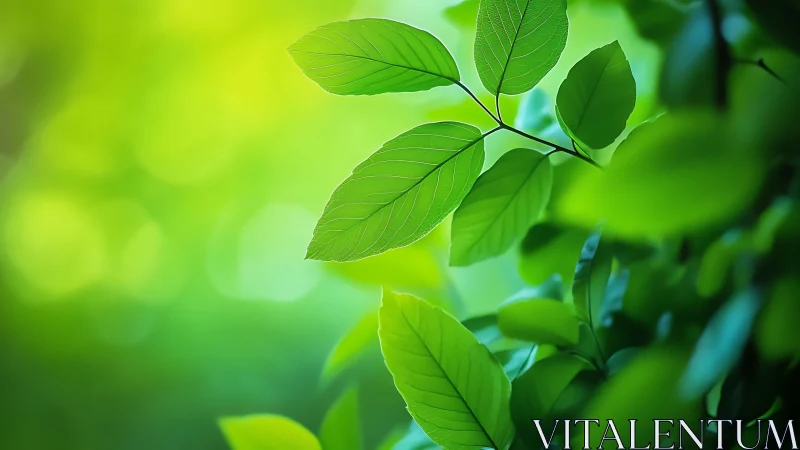 Green leaves glow against soft bokeh forest light. Period.