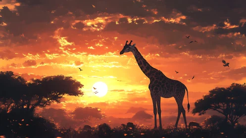 Giraffe silhouette aligns against volumetric African savanna sunset