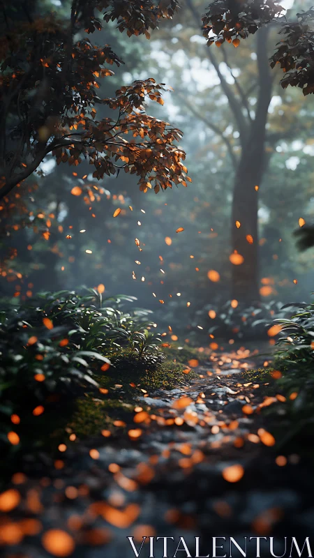 Forest path with falling orange leaves in soft focus.