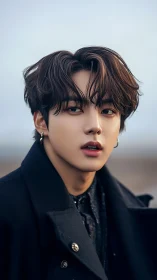 Softly lit portrait of young man in dark overcoat at dusk