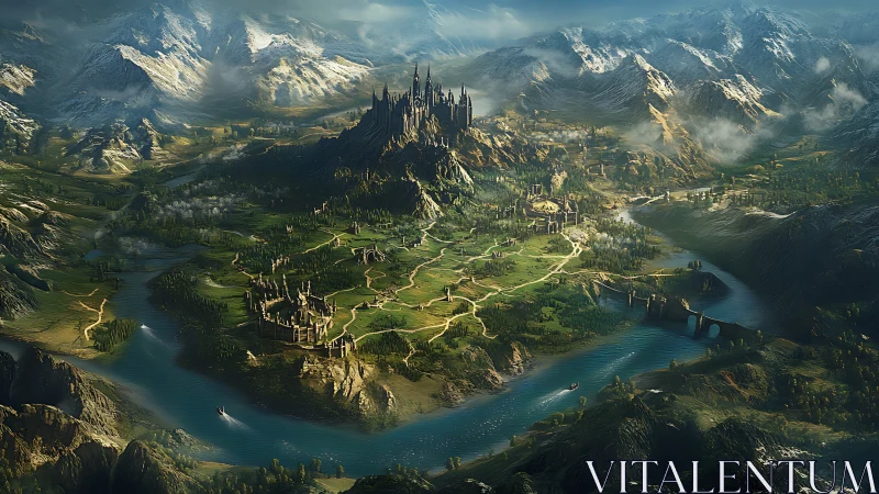 Expansive river valley with central fortress city and mountains.