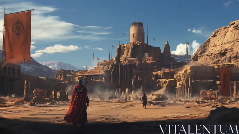 Cloaked figures approach fortified desert settlement on plain