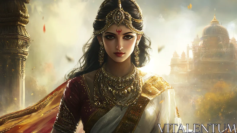 Regal Indian Princess in Traditional Attire, Fantasy Art Style.