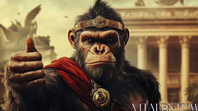 Triumphant simian emperor offers a golden thumbs-up salute.