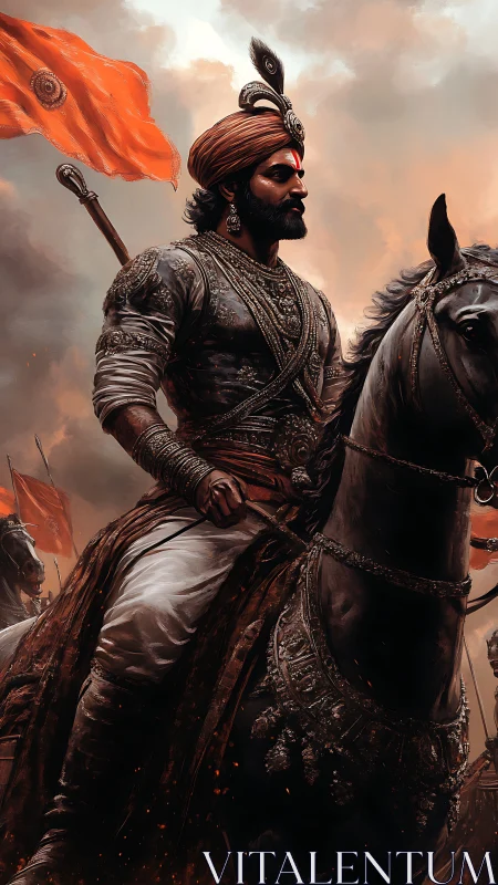 Historic warrior on horseback amid orange battle flags.