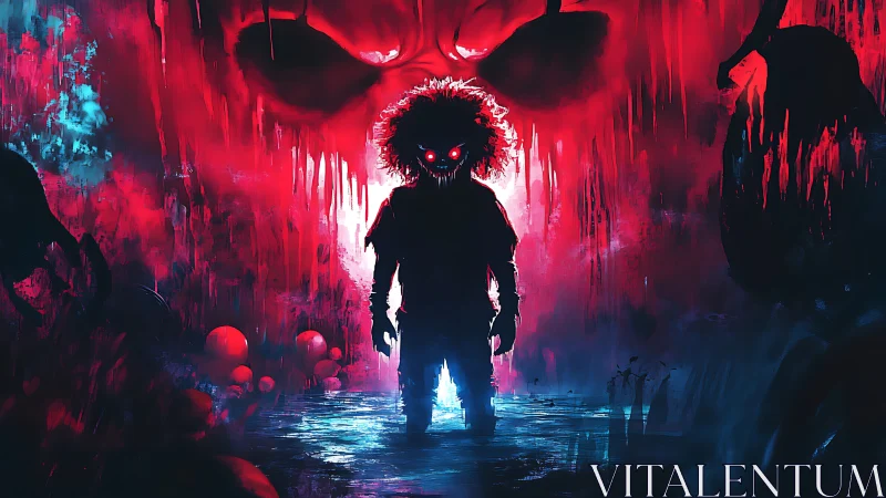 Bloodlit child silhouette before looming demonic visage.