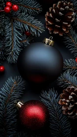 Matte black bauble amid conifer textures and specular pinecones.