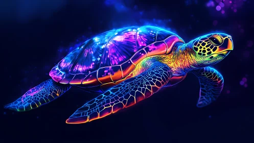 Neon sea turtle glides through a glowing cosmic ocean dream