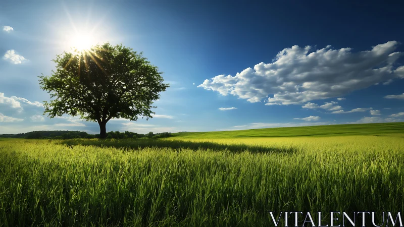 Solitary tree in sunlit green field under clear blue sky.