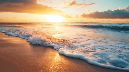Golden waves roll gently onto a peaceful sunset shoreline