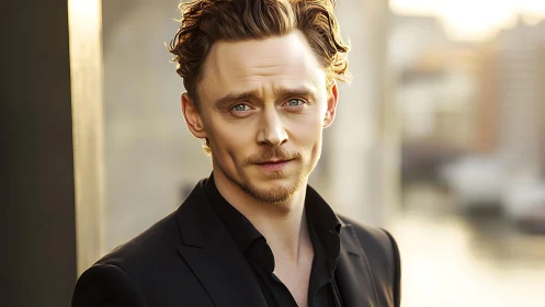 Photorealistic male portrait in black suit at golden hour