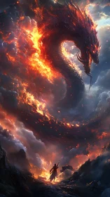 Lone hero confronts a blazing celestial dragon in stormy skies.
