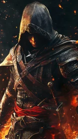 Hooded armored figure stands in firelit, ember-filled darkness