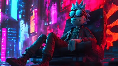 Cartoon scientist lounges in neon cyberpunk city scene