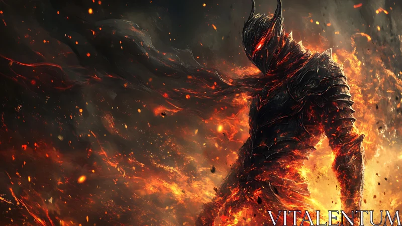 Infernal armored warrior rises amid swirling firestorm.