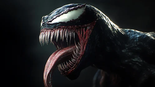 Sinister symbiote snarling in dramatic cinematic close-up.