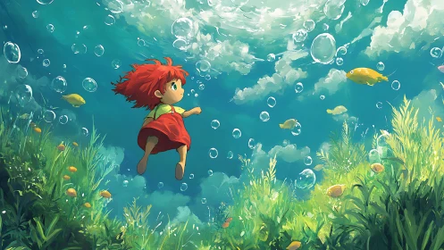 Red-haired child swims underwater among fish and bubbles