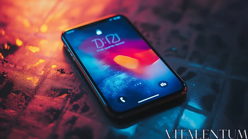 Smartphone glowing with vibrant lock screen amid ambient neon lighting.