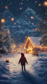 Child approaches illuminated cabin in snowy alpine evening.