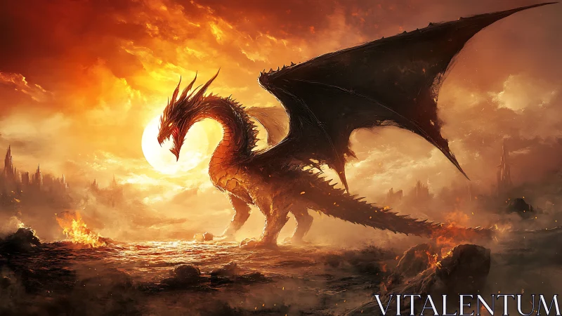 Apocalyptic fire dragon in backlit volcanic battlefield panorama.