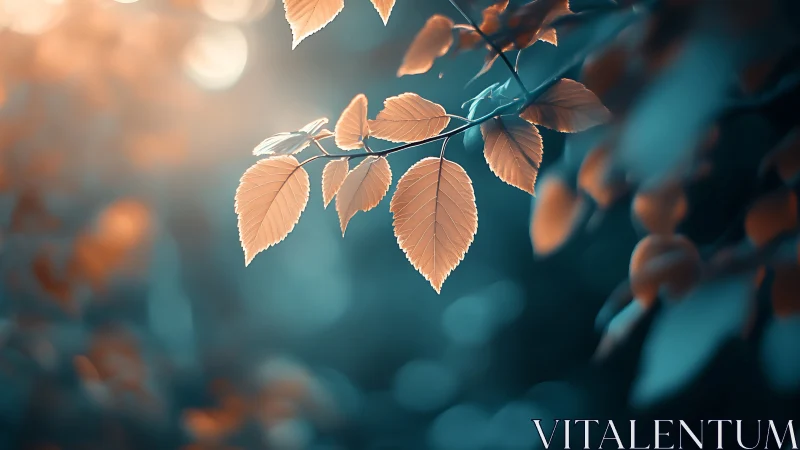 Golden autumn leaves on branch, dreamy bokeh nature photography.
