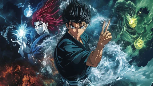 Battle-ready anime hero channels swirling elemental energy