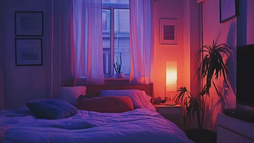 Moody bedroom interior under neon blue and red lighting.
