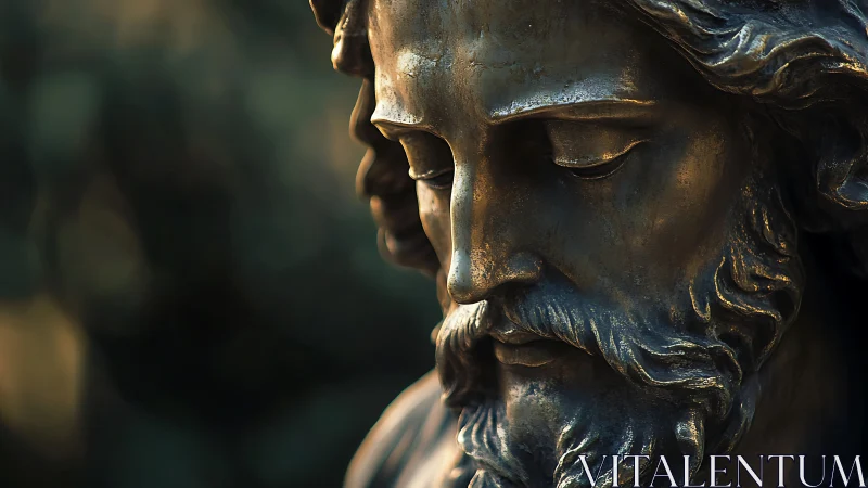 Bronze devotional bust in raking light with soft bokeh field.