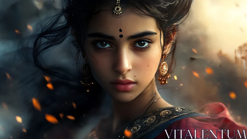 Digital portrait of intense girl amid swirling embers.