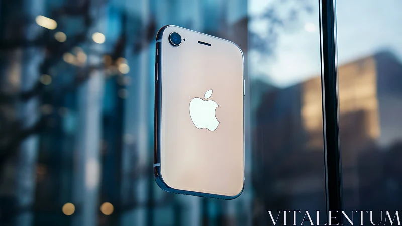 White iPhone 3G suspended against urban skyline backdrop.