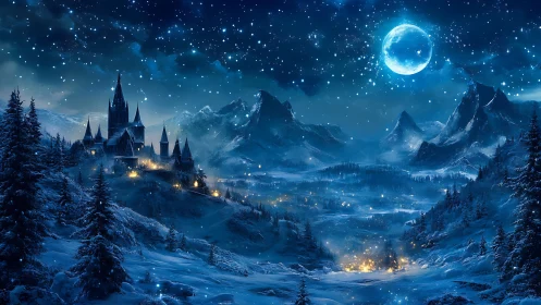 Moonlit fantasy citadel dominates a vast snowy mountain valley