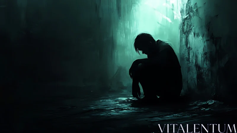 Quiet figure resting in a moody teal-lit alleyway.