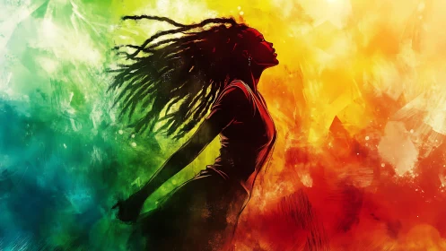 Silhouette of woman in multicolor abstract gradient background.