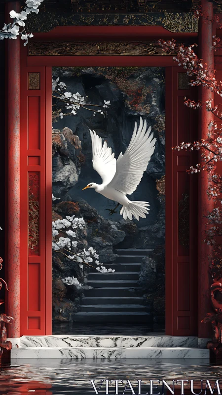 White bird before red gate and stone stair garden scene.