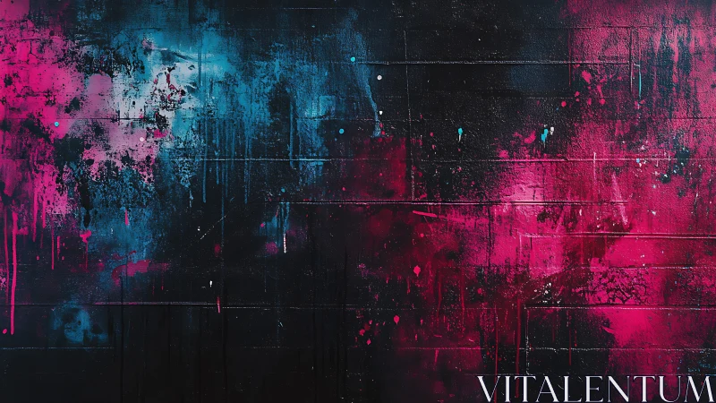 Neon pink and cyan paint splatter on dark textured wall