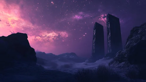 Twin alien monoliths under vivid purple night sky.