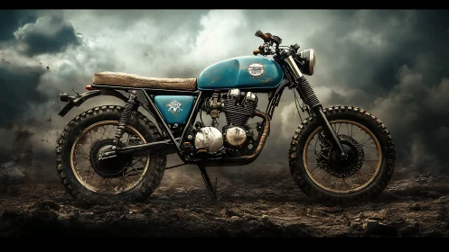 Scrambler-style motorcycle on rugged dirt terrain profile.