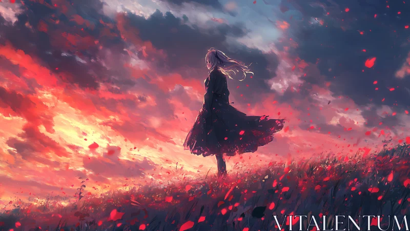 Solitary girl in crimson flower field at blazing sunset.