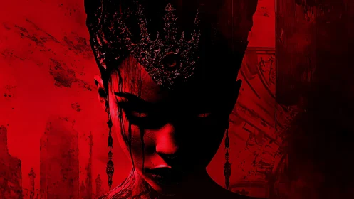 Dark crowned woman in red light with intense shadowed gaze.