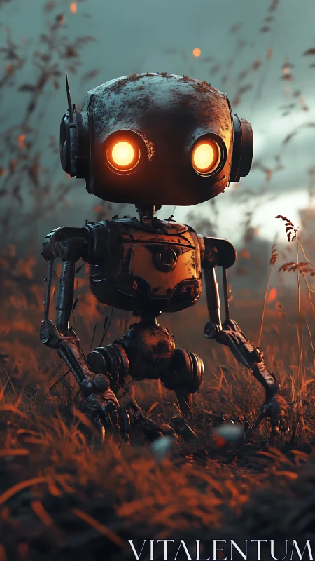 Rust-kissed meadow robot gazes out with ember-bright eyes.