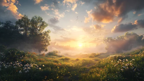 Radiant mist-field sunrise with volumetric atmospheric bloom.