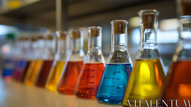 Row of volumetric Erlenmeyer flasks containing colored reagents